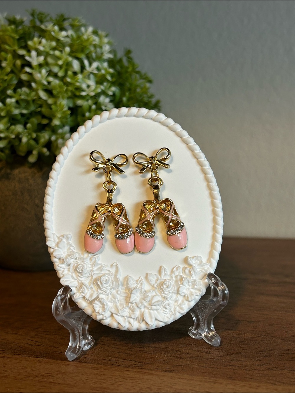 Gold Bow Drop Earrings with Pink Ballet Shoe Charms